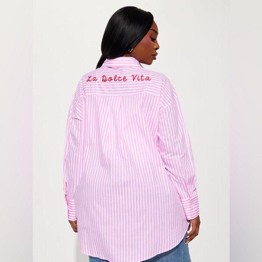 Fashion Nova La Dolce Vita Striped Shirt Pink NWT XL Oversized fit up to 1x